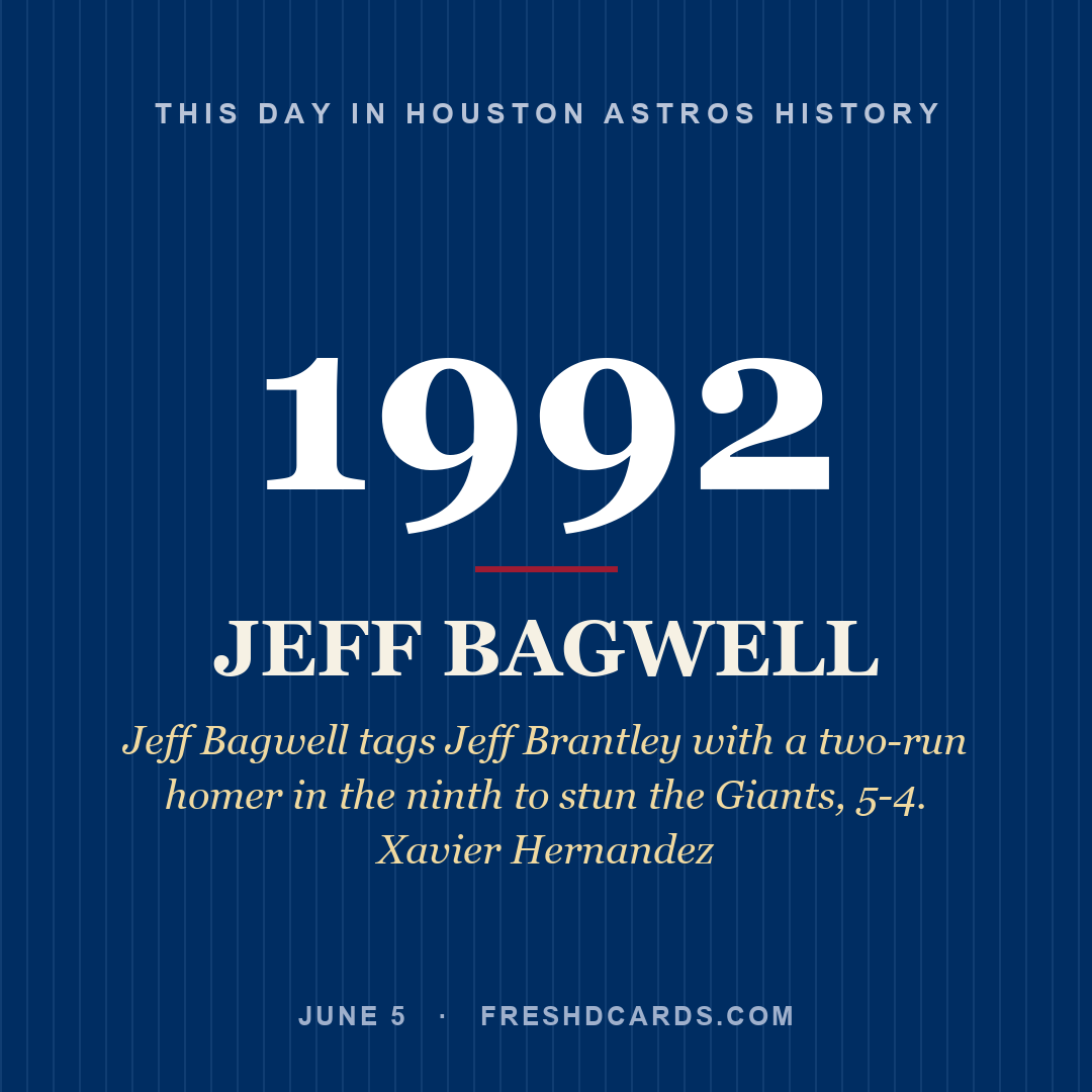 Houston Astros: Jeff Bagwell, 1992, Jeff Bagwell tags Jeff Brantley with a two-run homer in the ninth to stun the Giants, 5-4. Xavier Hernandez