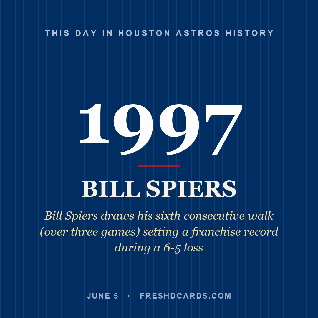 Houston Astros: Bill Spiers, 1997, Bill Spiers draws his sixth consecutive walk (over three games) setting a franchise record during a 6-5 loss