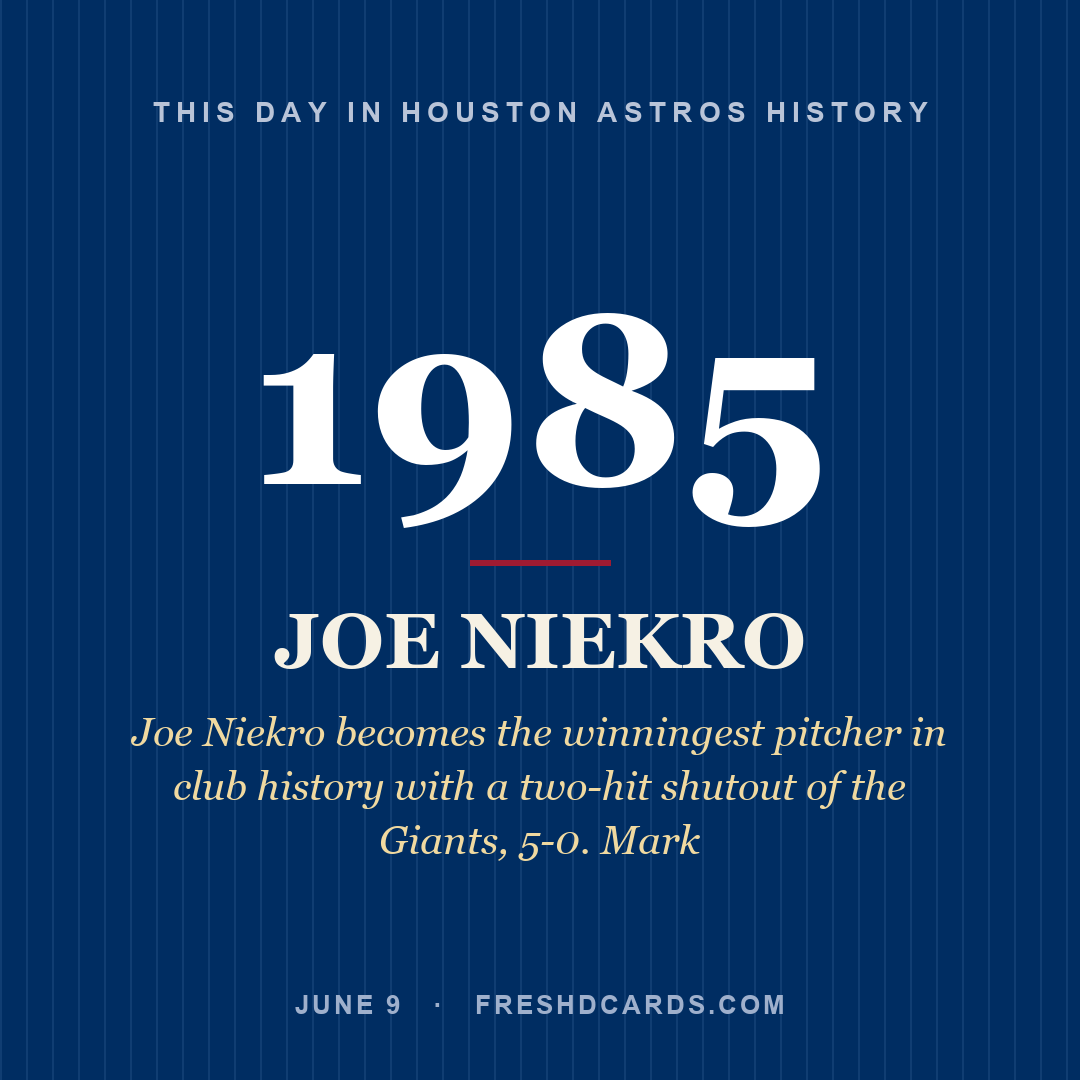 Houston Astros: Joe Niekro, 1985, Joe Niekro becomes the winningest pitcher in club history with a two-hit shutout of the Giants, 5-0. Mark