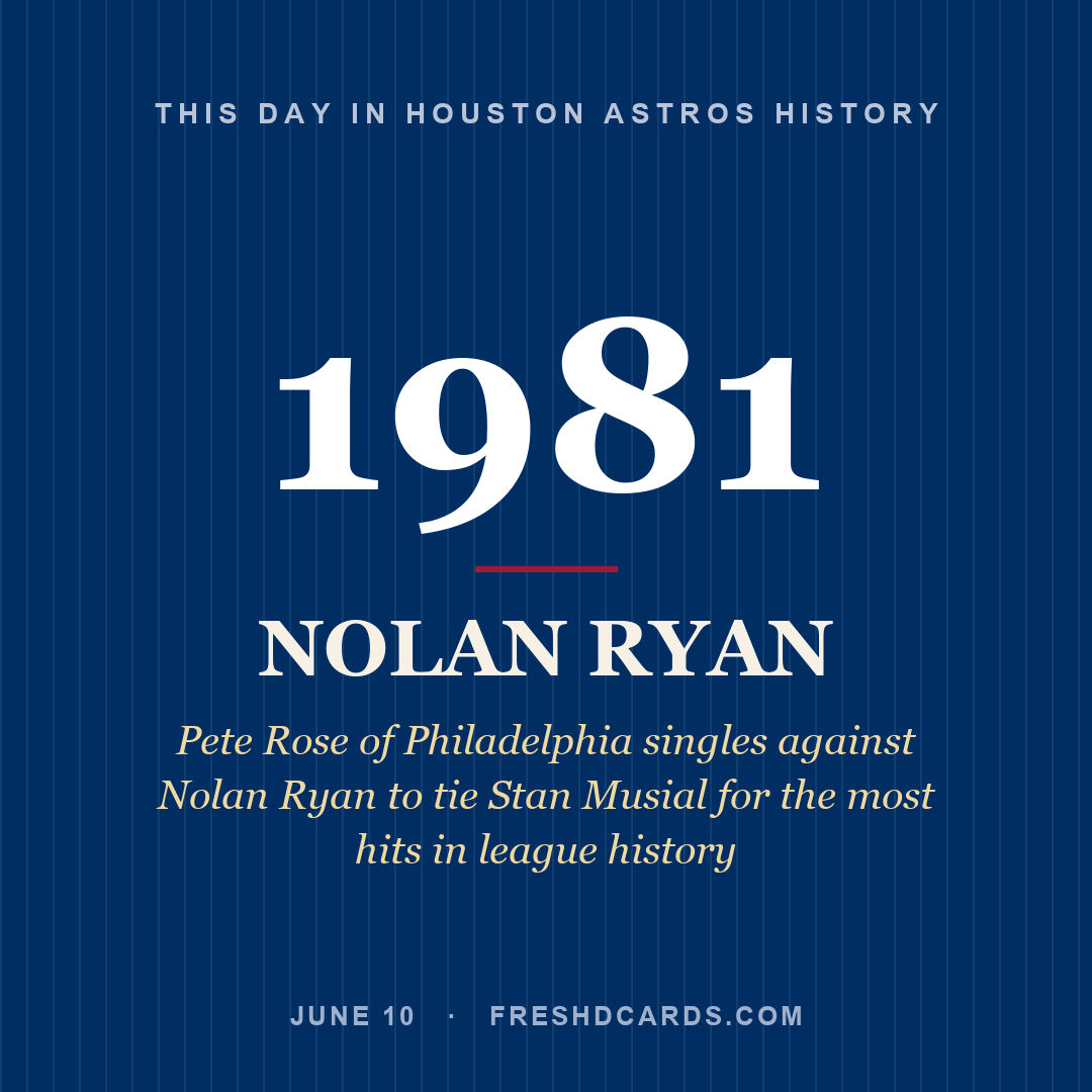 Houston Astros: Nolan Ryan, 1981, Pete Rose of Philadelphia singles against Nolan Ryan to tie Stan Musial for the most hits in league history