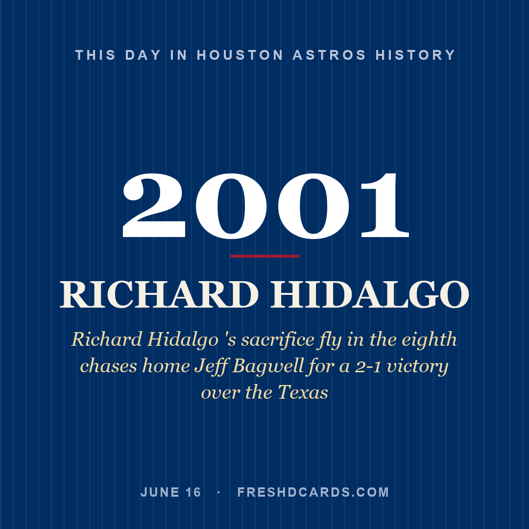 Houston Astros: Richard Hidalgo, 2001, Richard Hidalgo 's sacrifice fly in the eighth chases home Jeff Bagwell for a 2-1 victory over the Texas