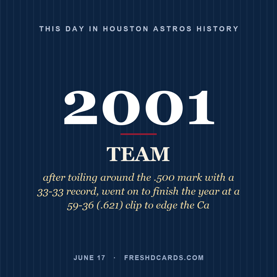 Houston Astros: Houston Astros, 2001, after toiling around the .500 mark with a 33-33 record, went on to finish the year at a 59-36 (.621) clip to edge the Ca