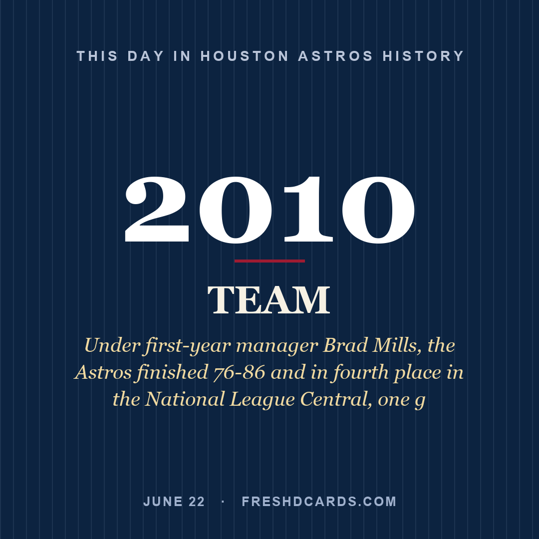 Houston Astros: Houston Astros, 2010, Under first-year manager Brad Mills, the Astros finished 76-86 and in fourth place in the National League Central, one g