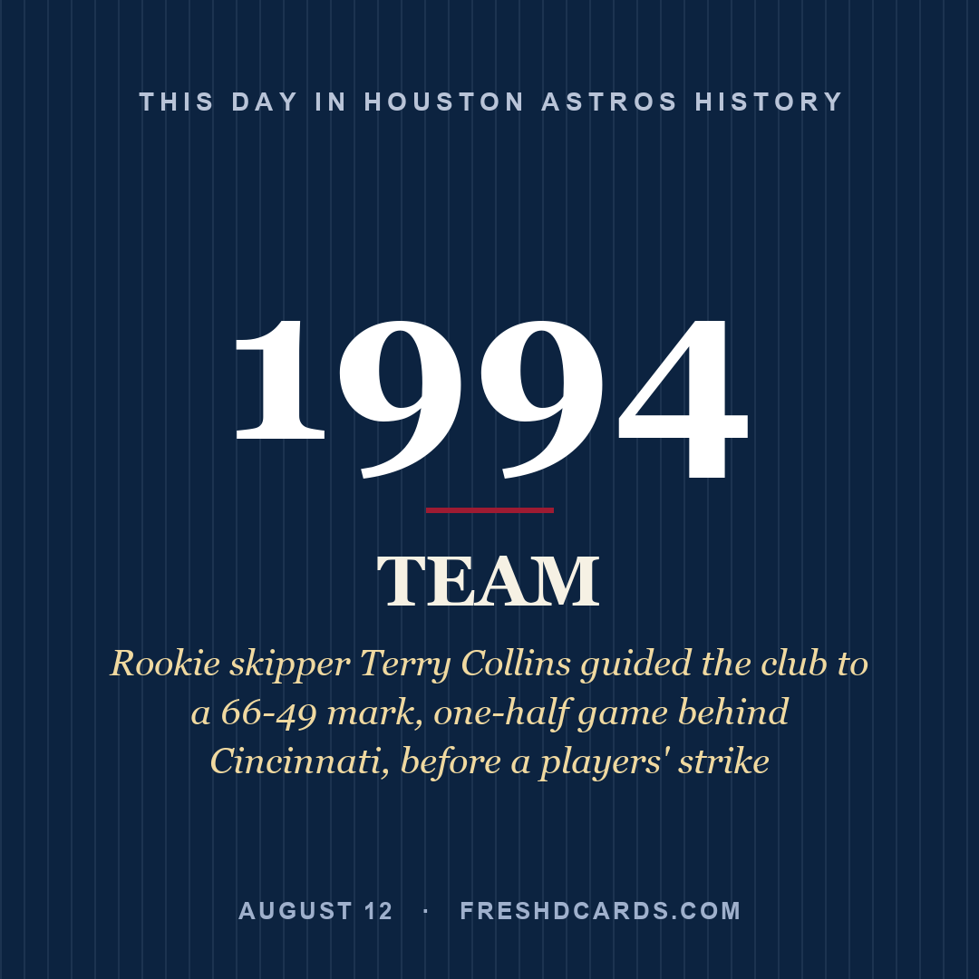 Houston Astros: Houston Astros, 1994, Rookie skipper Terry Collins guided the club to a 66-49 mark, one-half game behind Cincinnati, before a players' strike 