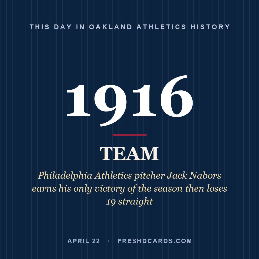 Oakland Athletics: Oakland Athletics, 1916, Philadelphia Athletics pitcher Jack Nabors earns his only victory of the season then loses 19 straight
