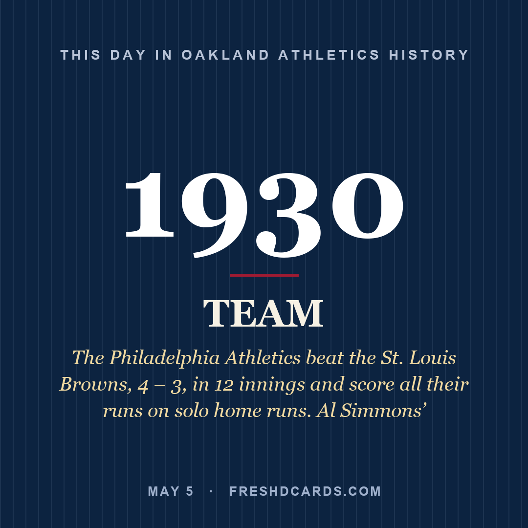 Oakland Athletics: Oakland Athletics, 1930, The Philadelphia Athletics beat the St. Louis Browns, 4 – 3, in 12 innings and score all their runs on solo home runs. Al Simmons’