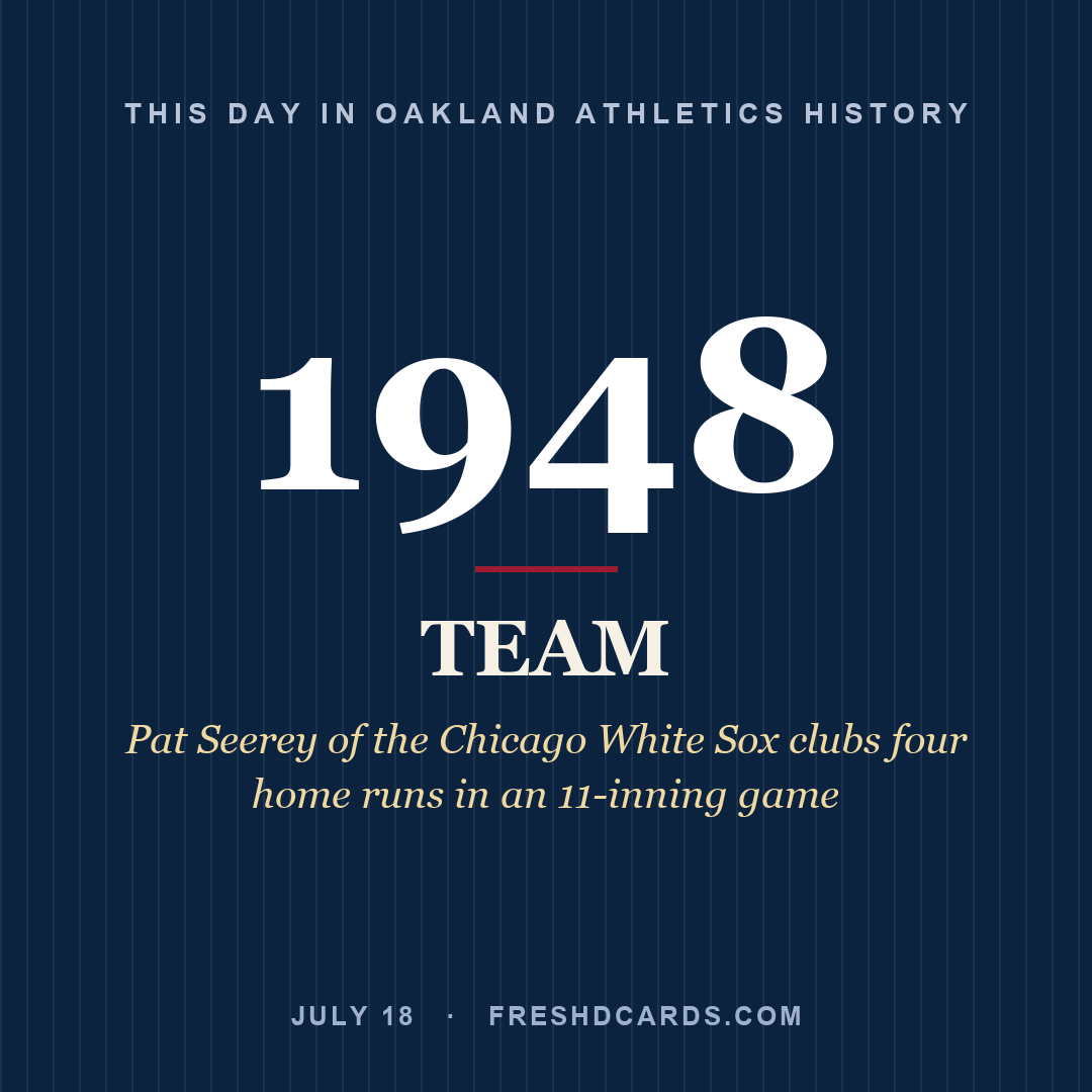 Oakland Athletics: Oakland Athletics, 1948, Pat Seerey of the Chicago White Sox clubs four home runs in an 11-inning game