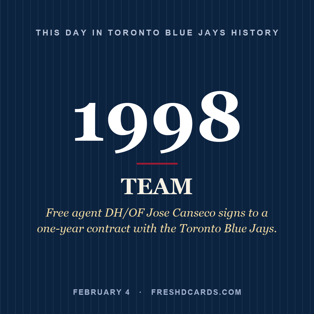 Toronto Blue Jays: Toronto Blue Jays, 1998, Free agent DH/OF Jose Canseco signs to a one-year contract with the Toronto Blue Jays.