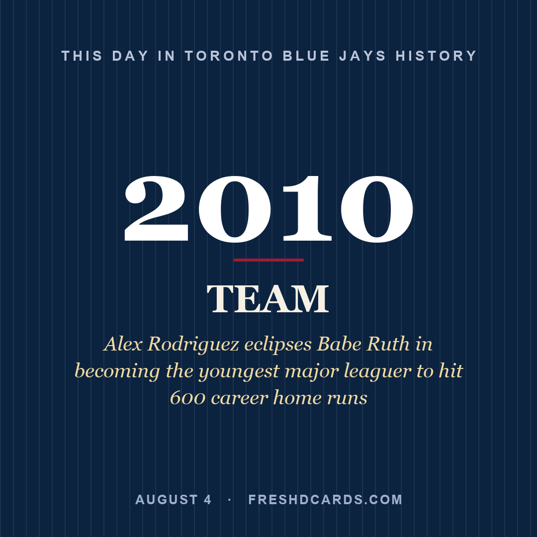 Toronto Blue Jays: Toronto Blue Jays, 2010, Alex Rodriguez eclipses Babe Ruth in becoming the youngest major leaguer to hit 600 career home runs