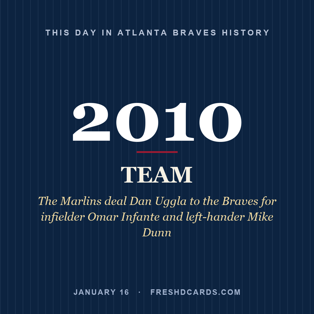 Atlanta Braves: Atlanta Braves, 2010, The Marlins deal Dan Uggla to the Braves for infielder Omar Infante and left-hander Mike Dunn