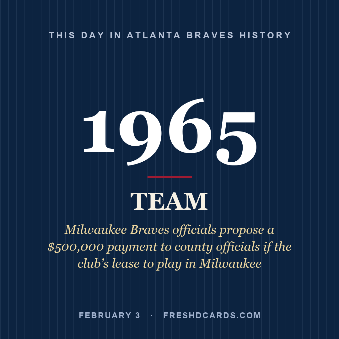 Atlanta Braves: Atlanta Braves, 1965, Milwaukee Braves officials propose a $500,000 payment to county officials if the club’s lease to play in Milwaukee