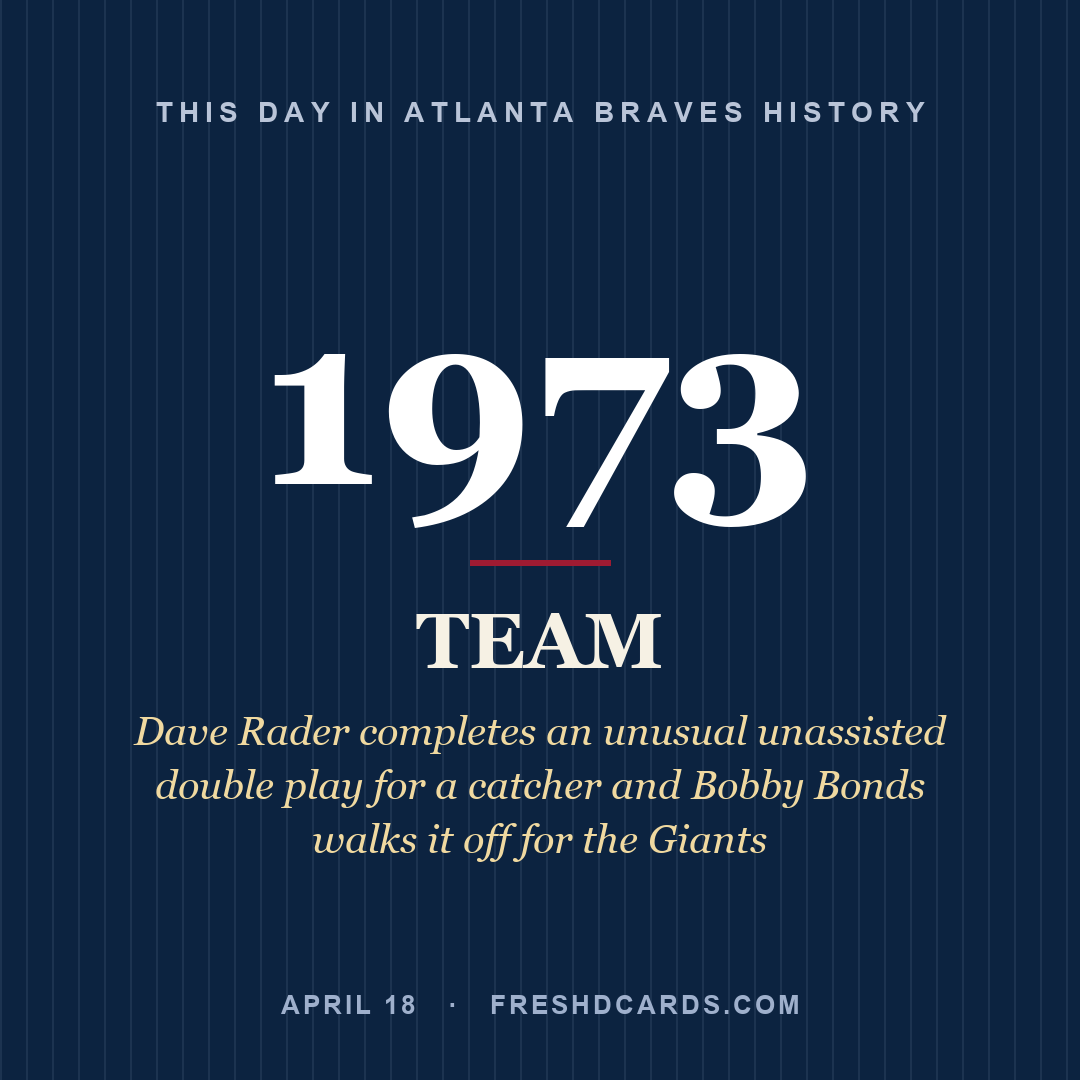 Atlanta Braves: Atlanta Braves, 1973, Dave Rader completes an unusual unassisted double play for a catcher and Bobby Bonds walks it off for the Giants