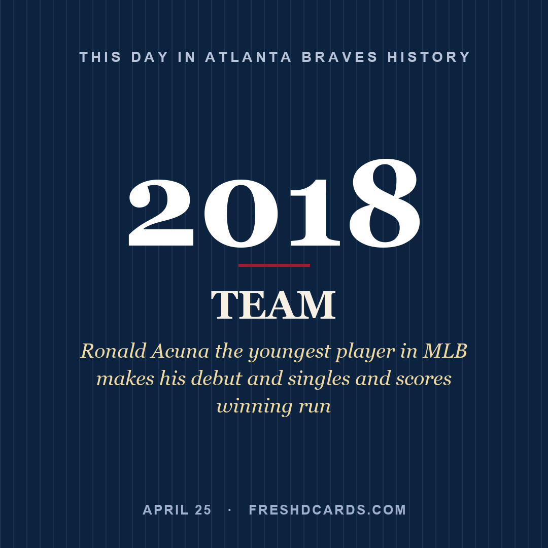 Atlanta Braves: Atlanta Braves, 2018, Ronald Acuna the youngest player in MLB makes his debut and singles and scores winning run