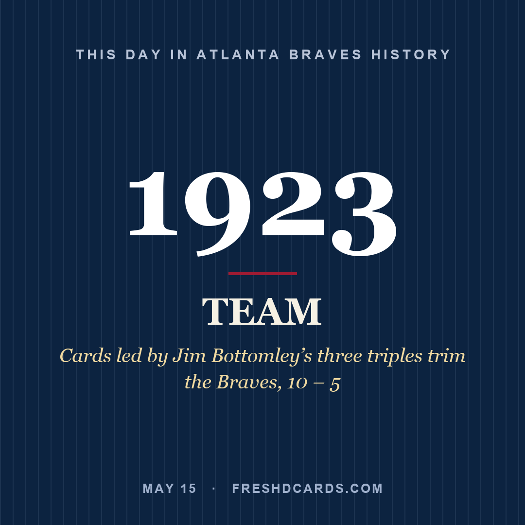 Atlanta Braves: Atlanta Braves, 1923, Cards led by Jim Bottomley’s three triples trim the Braves, 10 – 5