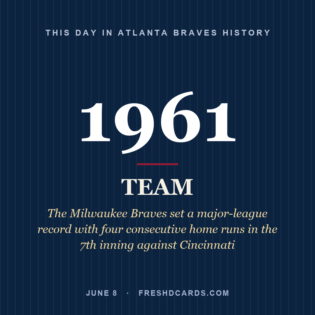 Atlanta Braves: Atlanta Braves, 1961, The Milwaukee Braves set a major-league record with four consecutive home runs in the 7th inning against Cincinnati