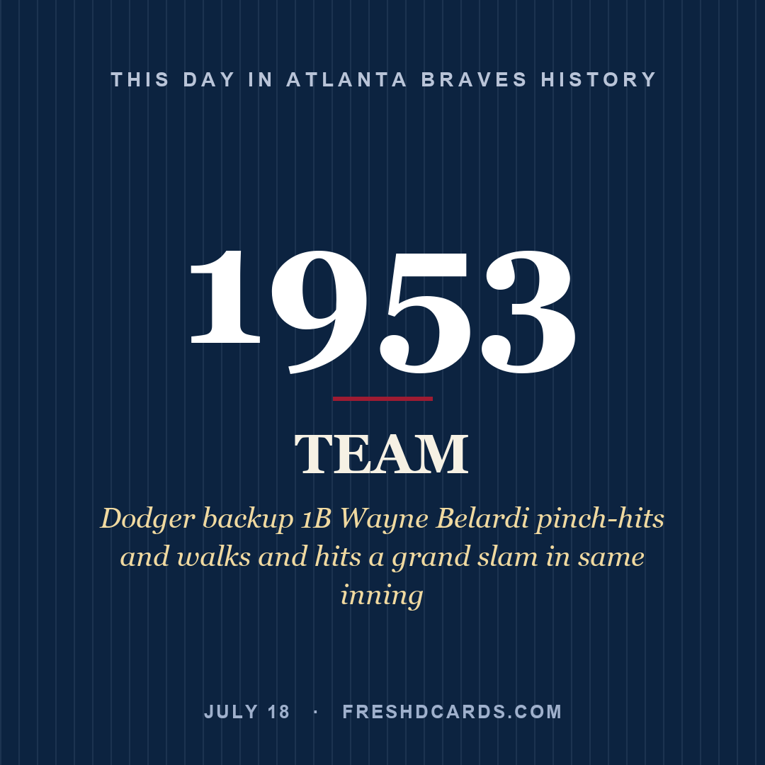 Atlanta Braves: Atlanta Braves, 1953, Dodger backup 1B Wayne Belardi pinch-hits and walks and hits a grand slam in same inning