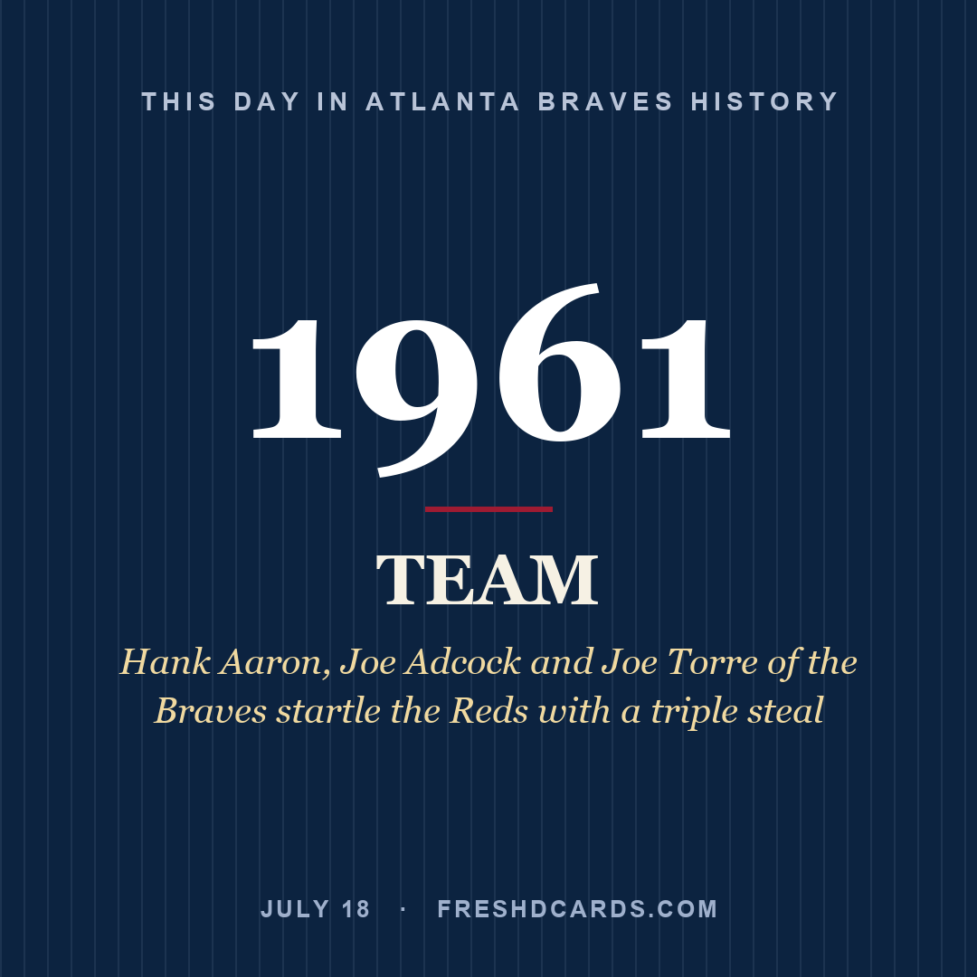 Atlanta Braves: Atlanta Braves, 1961, Hank Aaron, Joe Adcock and Joe Torre of the Braves startle the Reds with a triple steal