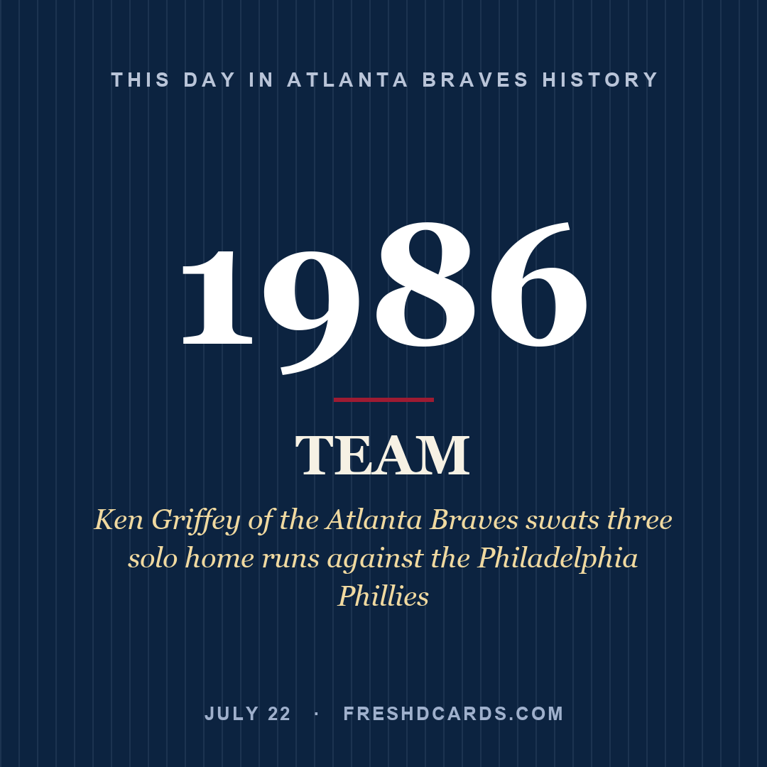 Atlanta Braves: Atlanta Braves, 1986, Ken Griffey of the Atlanta Braves swats three solo home runs against the Philadelphia Phillies