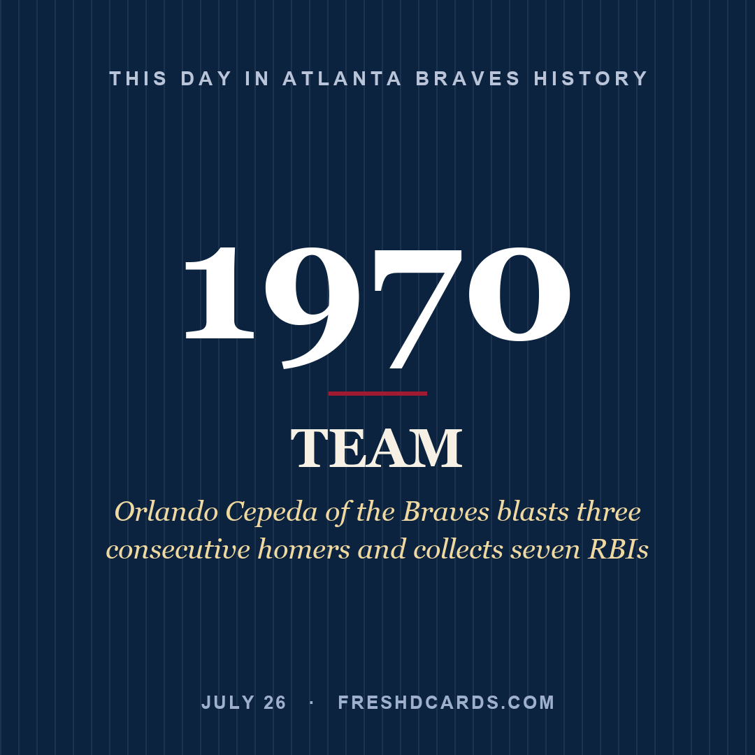 Atlanta Braves: Atlanta Braves, 1970, Orlando Cepeda of the Braves blasts three consecutive homers and collects seven RBIs