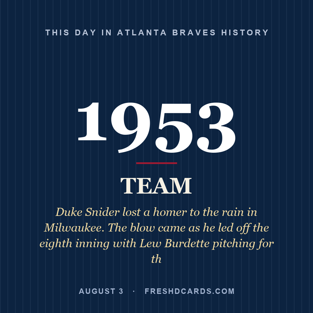 Atlanta Braves: Atlanta Braves, 1953, Duke Snider lost a homer to the rain in Milwaukee. The blow came as he led off the eighth inning with Lew Burdette pitching for th