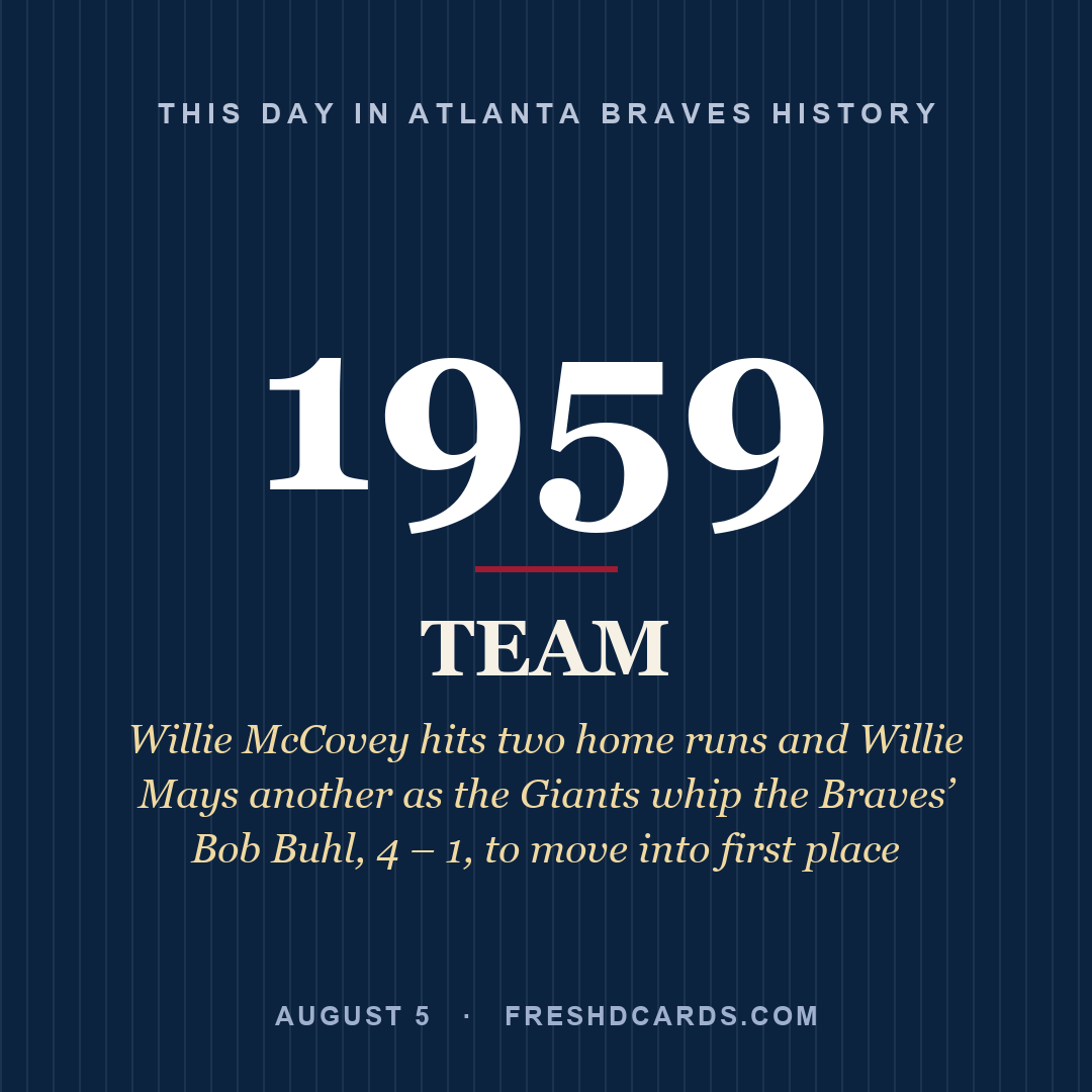 Atlanta Braves: Atlanta Braves, 1959, Willie McCovey hits two home runs and Willie Mays another as the Giants whip the Braves’ Bob Buhl, 4 – 1, to move into first place