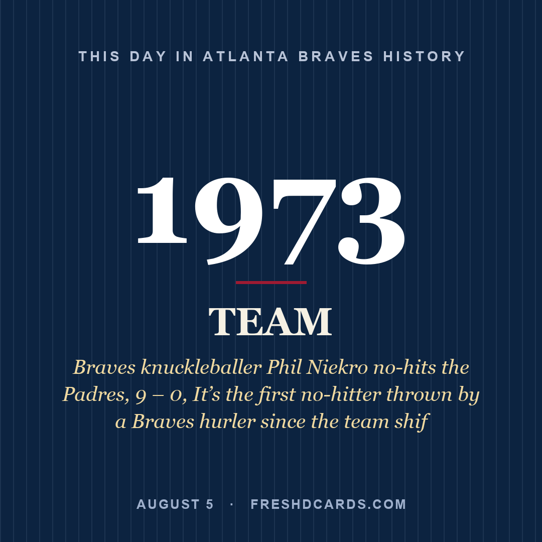 Atlanta Braves: Atlanta Braves, 1973, Braves knuckleballer Phil Niekro no-hits the Padres, 9 – 0, It’s the first no-hitter thrown by a Braves hurler since the team shif