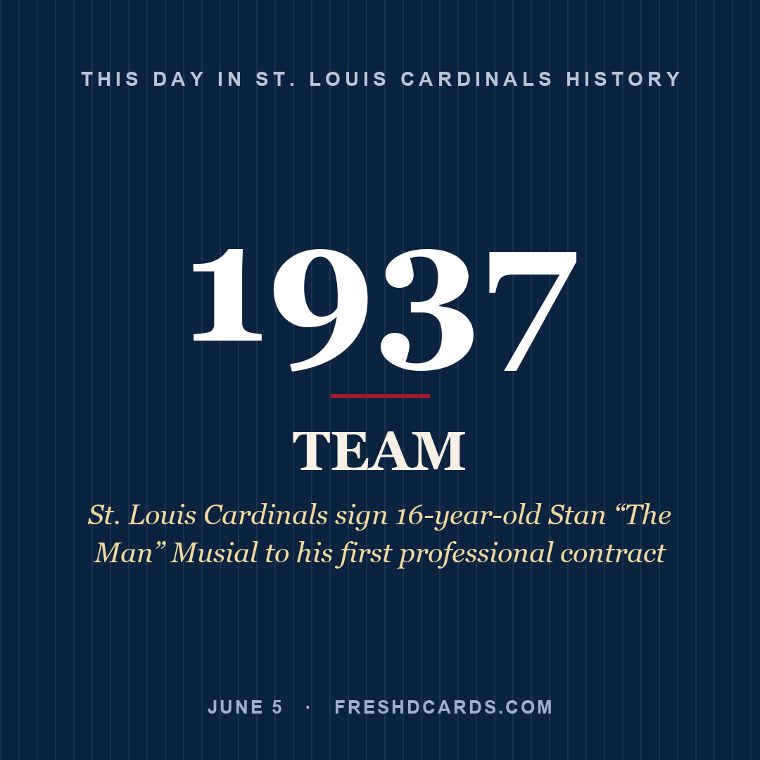 St. Louis Cardinals: St. Louis Cardinals, 1937, St. Louis Cardinals sign 16-year-old Stan “The Man” Musial to his first professional contract