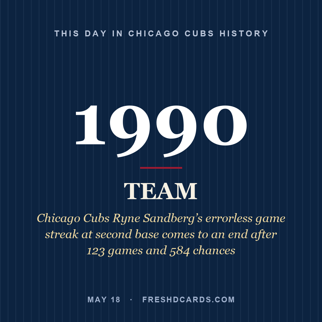 Chicago Cubs: Chicago Cubs, 1990, Chicago Cubs Ryne Sandberg’s errorless game streak at second base comes to an end after 123 games and 584 chances