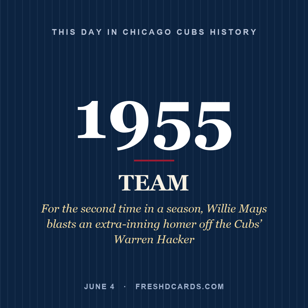 Chicago Cubs: Chicago Cubs, 1955, For the second time in a season‚ Willie Mays blasts an extra-inning homer off the Cubs’ Warren Hacker