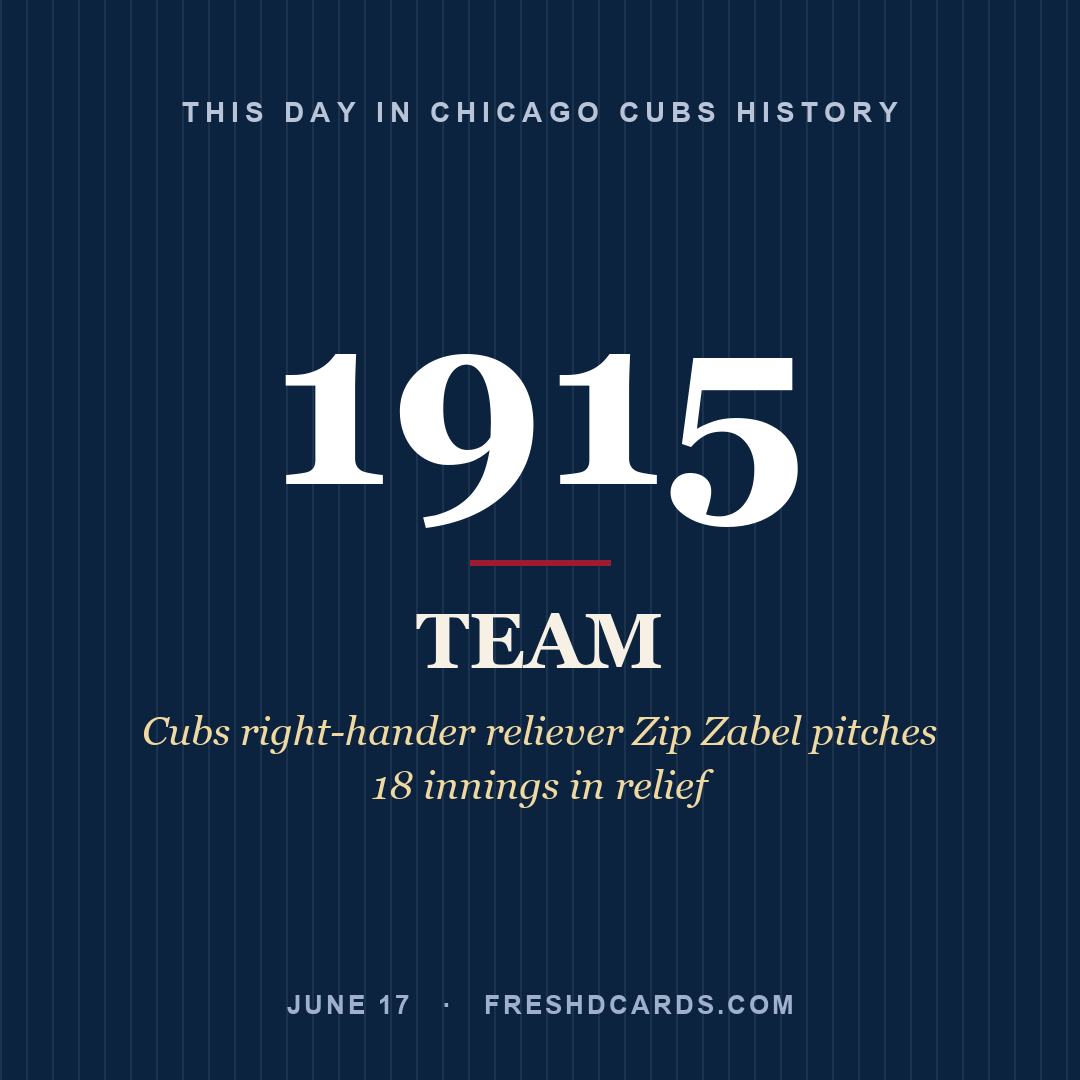 Chicago Cubs: Chicago Cubs, 1915, Cubs right-hander reliever Zip Zabel pitches 18 innings in relief