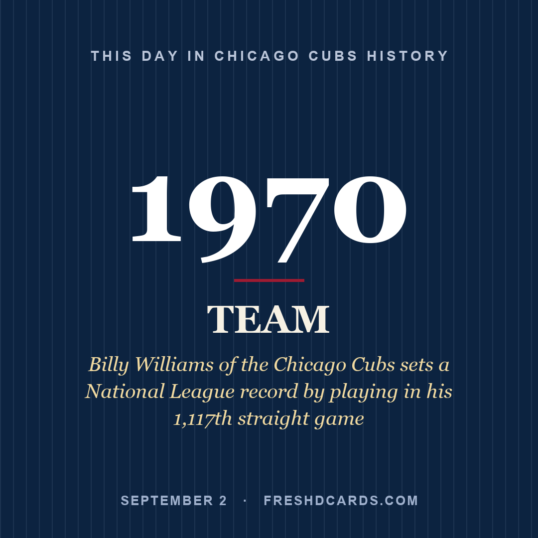 Chicago Cubs: Chicago Cubs, 1970, Billy Williams of the Chicago Cubs sets a National League record by playing in his 1,117th straight game