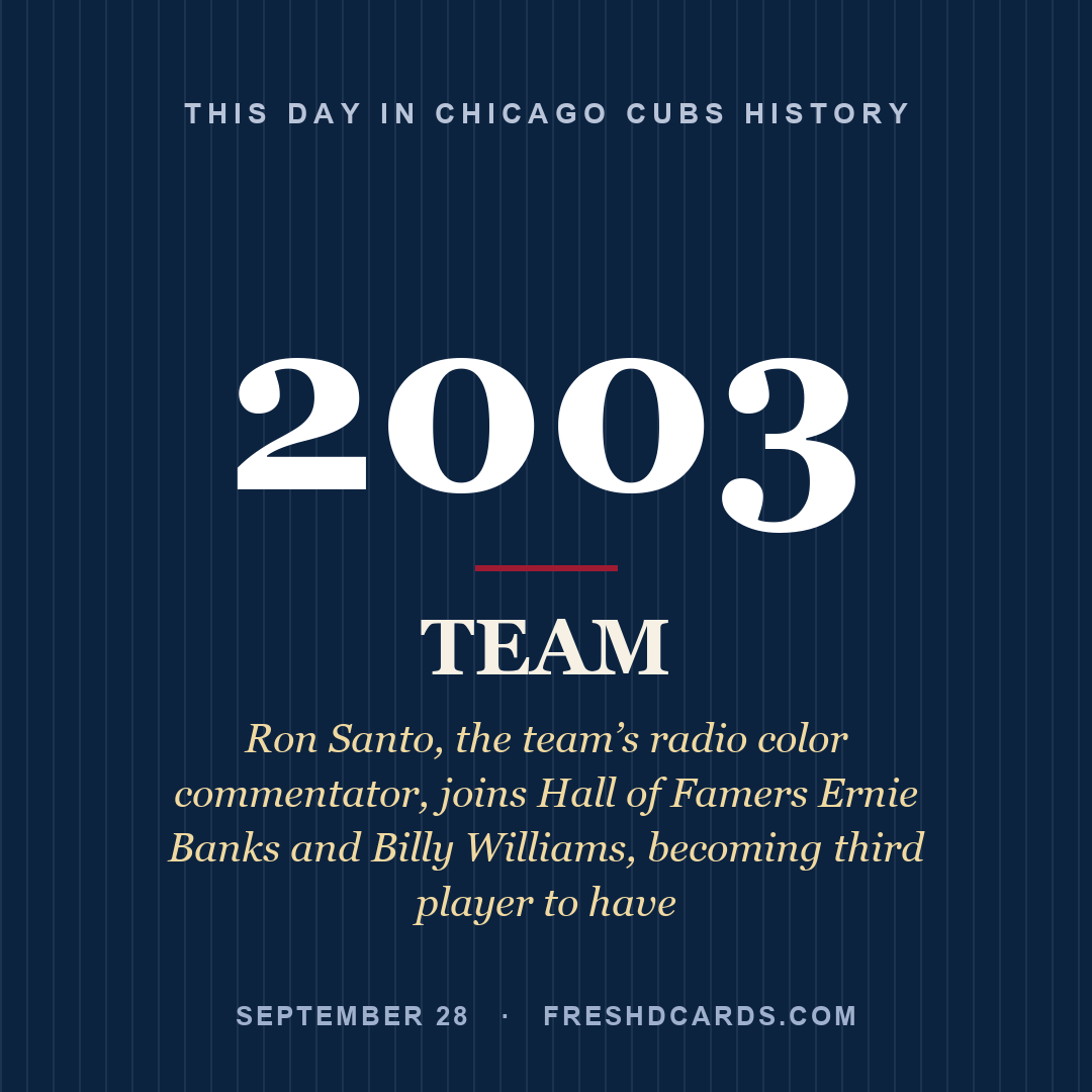 Chicago Cubs: Chicago Cubs, 2003, Ron Santo, the team’s radio color commentator, joins Hall of Famers Ernie Banks and Billy Williams, becoming third player to have 