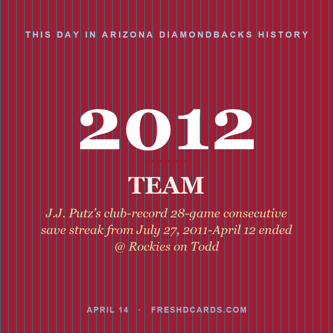 Arizona Diamondbacks: Arizona Diamondbacks, 2012, J.J. Putz’s club-record 28-game consecutive save streak from July 27, 2011-April 12 ended @ Rockies on Todd
