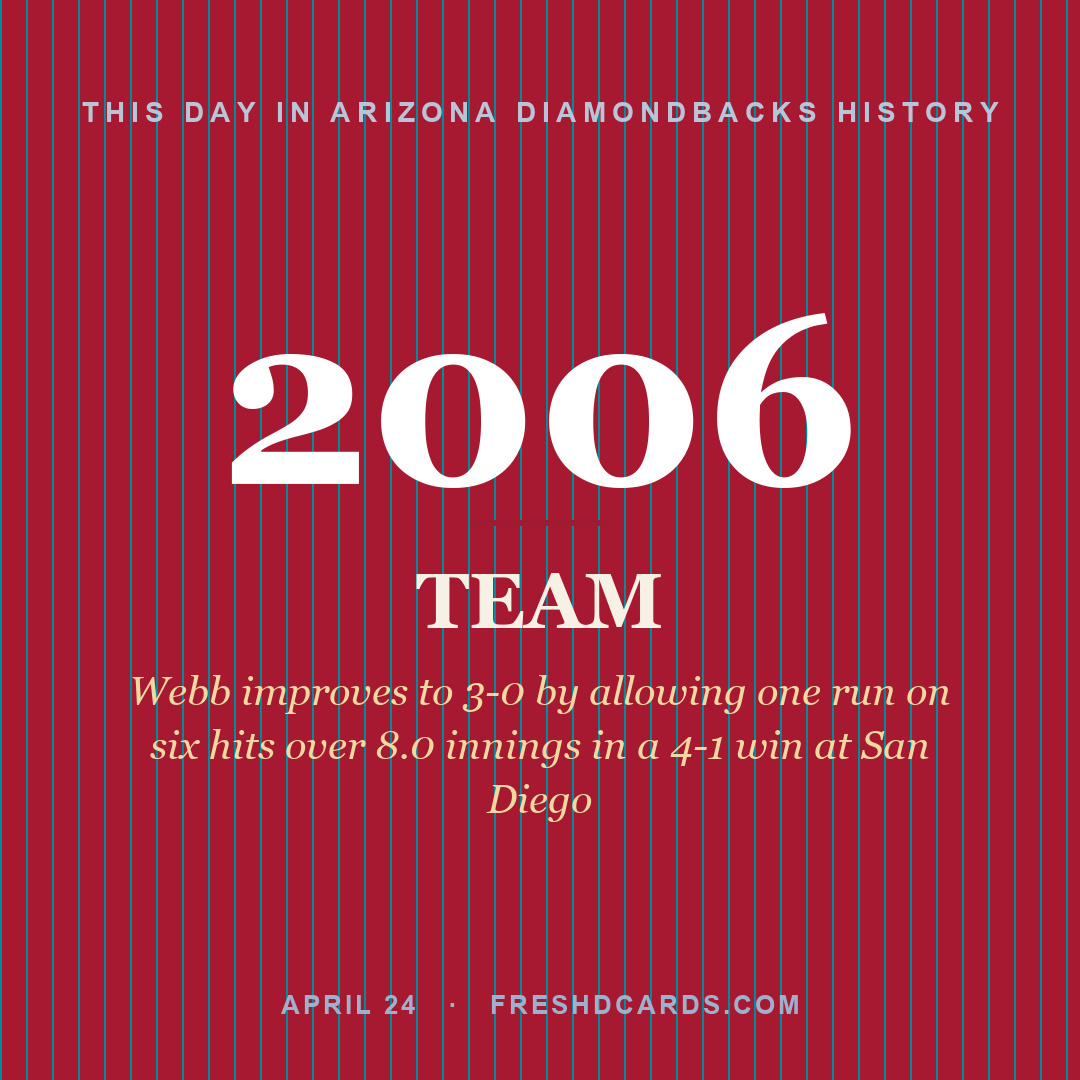 Arizona Diamondbacks: Arizona Diamondbacks, 2006, Webb improves to 3-0 by allowing one run on six hits over 8.0 innings in a 4-1 win at San Diego