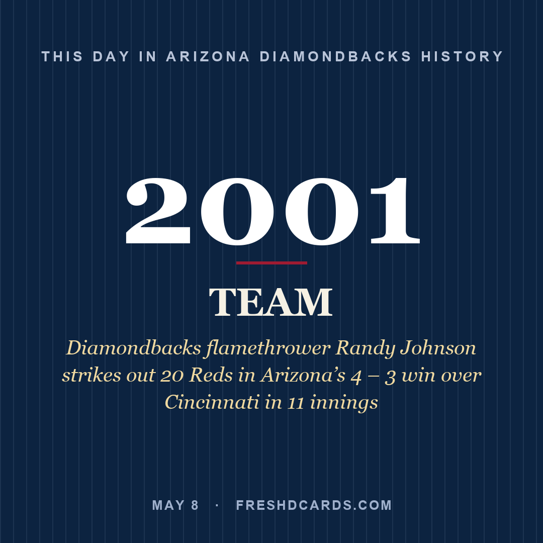 Arizona Diamondbacks: Arizona Diamondbacks, 2001, Diamondbacks flamethrower Randy Johnson strikes out 20 Reds in Arizona’s 4 – 3 win over Cincinnati in 11 innings