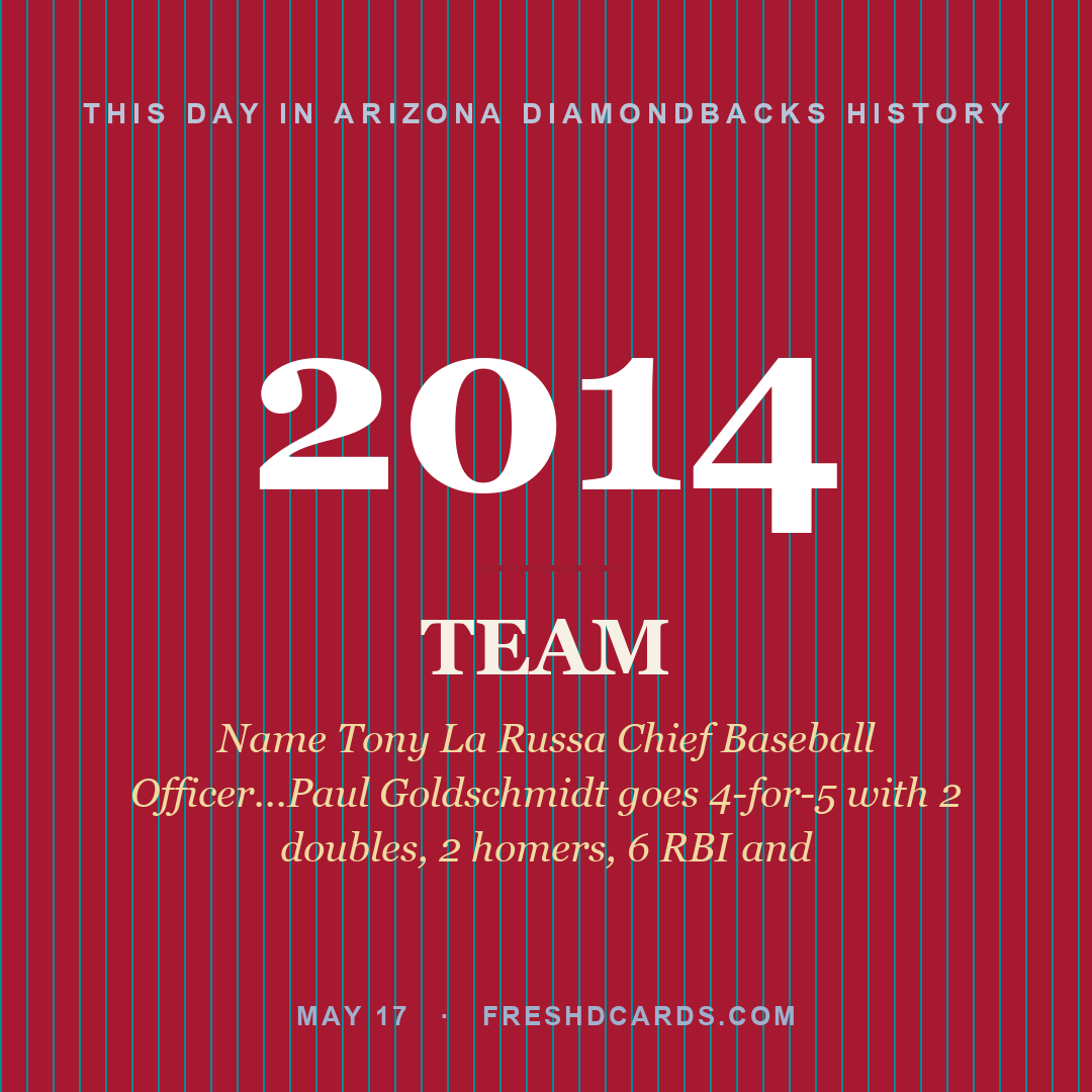 Arizona Diamondbacks: Arizona Diamondbacks, 2014, Name Tony La Russa Chief Baseball Officer...Paul Goldschmidt goes 4-for-5 with 2 doubles, 2 homers, 6 RBI and