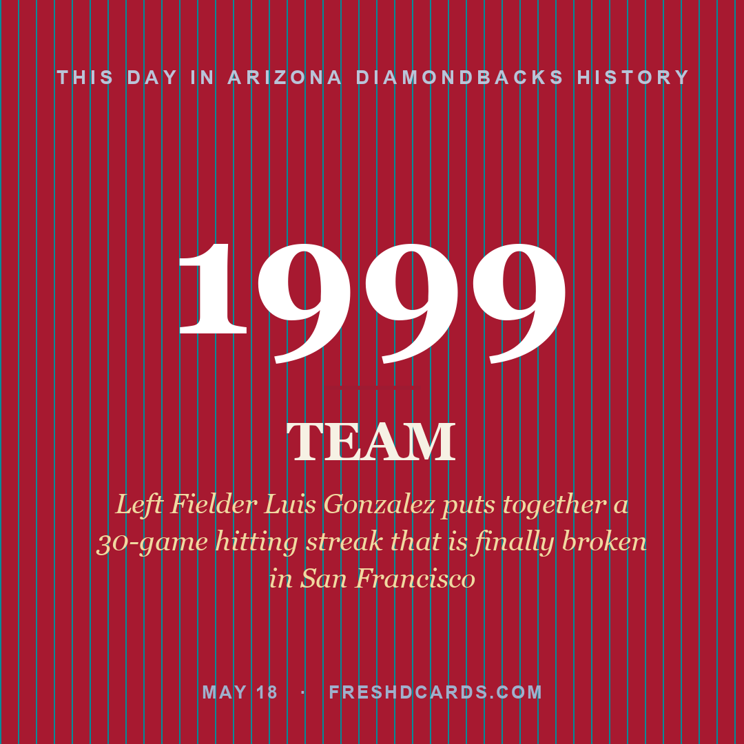 Arizona Diamondbacks: Arizona Diamondbacks, 1999, Left Fielder Luis Gonzalez puts together a 30-game hitting streak that is finally broken in San Francisco