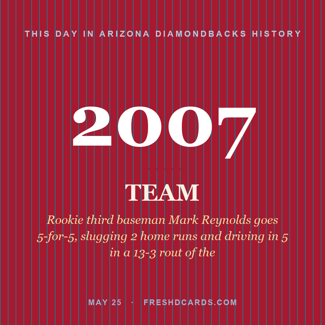 Arizona Diamondbacks: Arizona Diamondbacks, 2007, Rookie third baseman Mark Reynolds goes 5-for-5, slugging 2 home runs and driving in 5 in a 13-3 rout of the