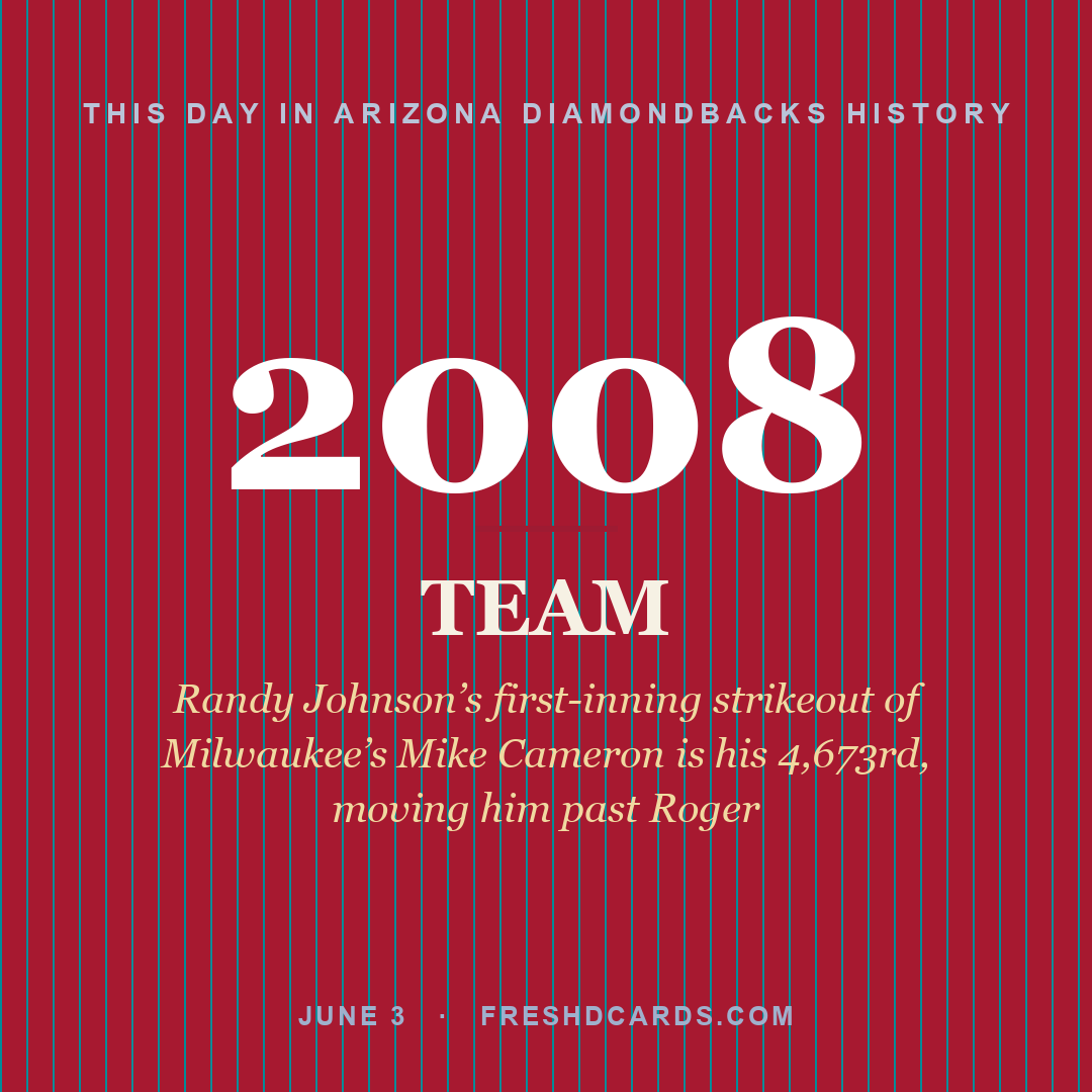 Arizona Diamondbacks: Arizona Diamondbacks, 2008, Randy Johnson’s first-inning strikeout of Milwaukee’s Mike Cameron is his 4,673rd, moving him past Roger