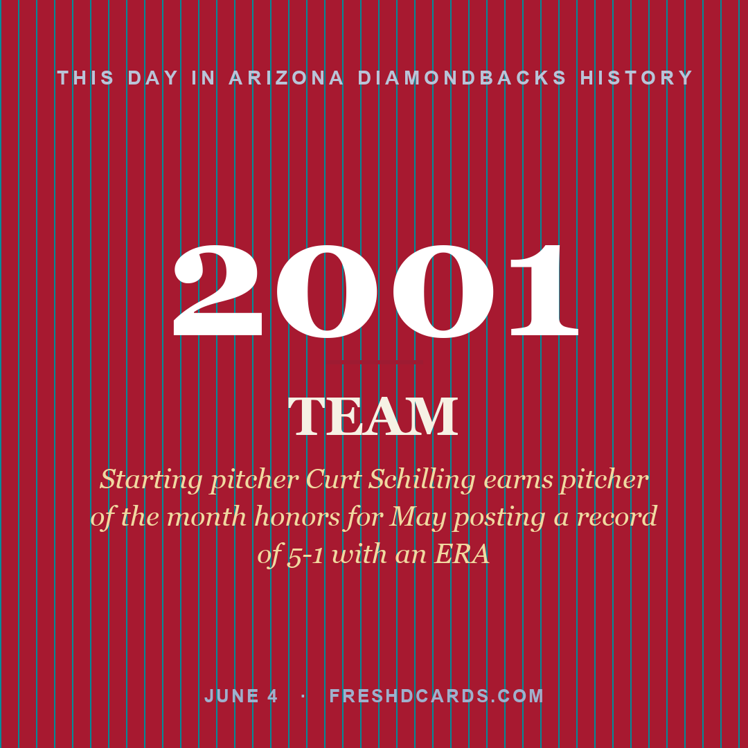 Arizona Diamondbacks: Arizona Diamondbacks, 2001, Starting pitcher Curt Schilling earns pitcher of the month honors for May posting a record of 5-1 with an ERA