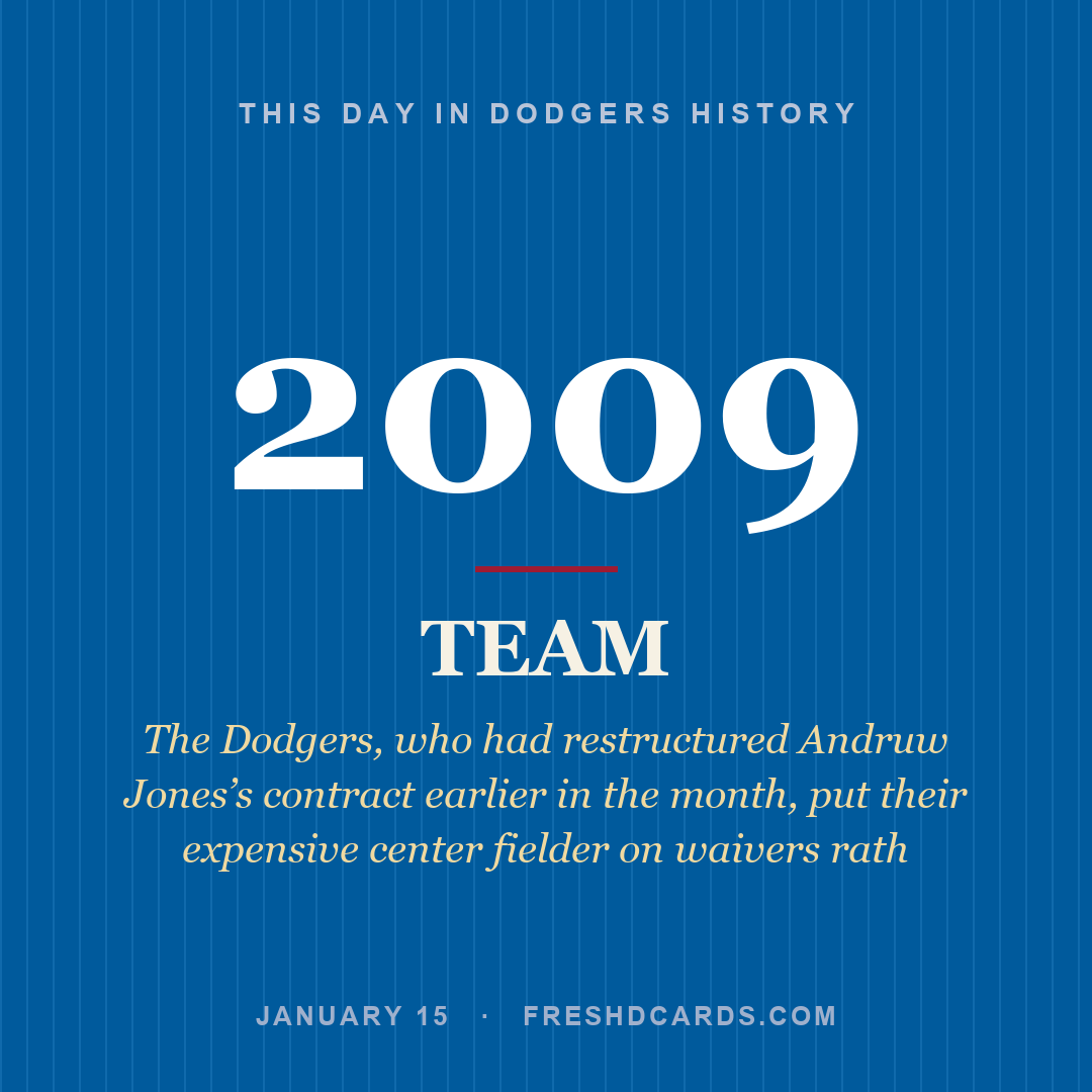 Dodgers: Dodgers, 2009, The Dodgers, who had restructured Andruw Jones’s contract earlier in the month, put their expensive center fielder on waivers rath