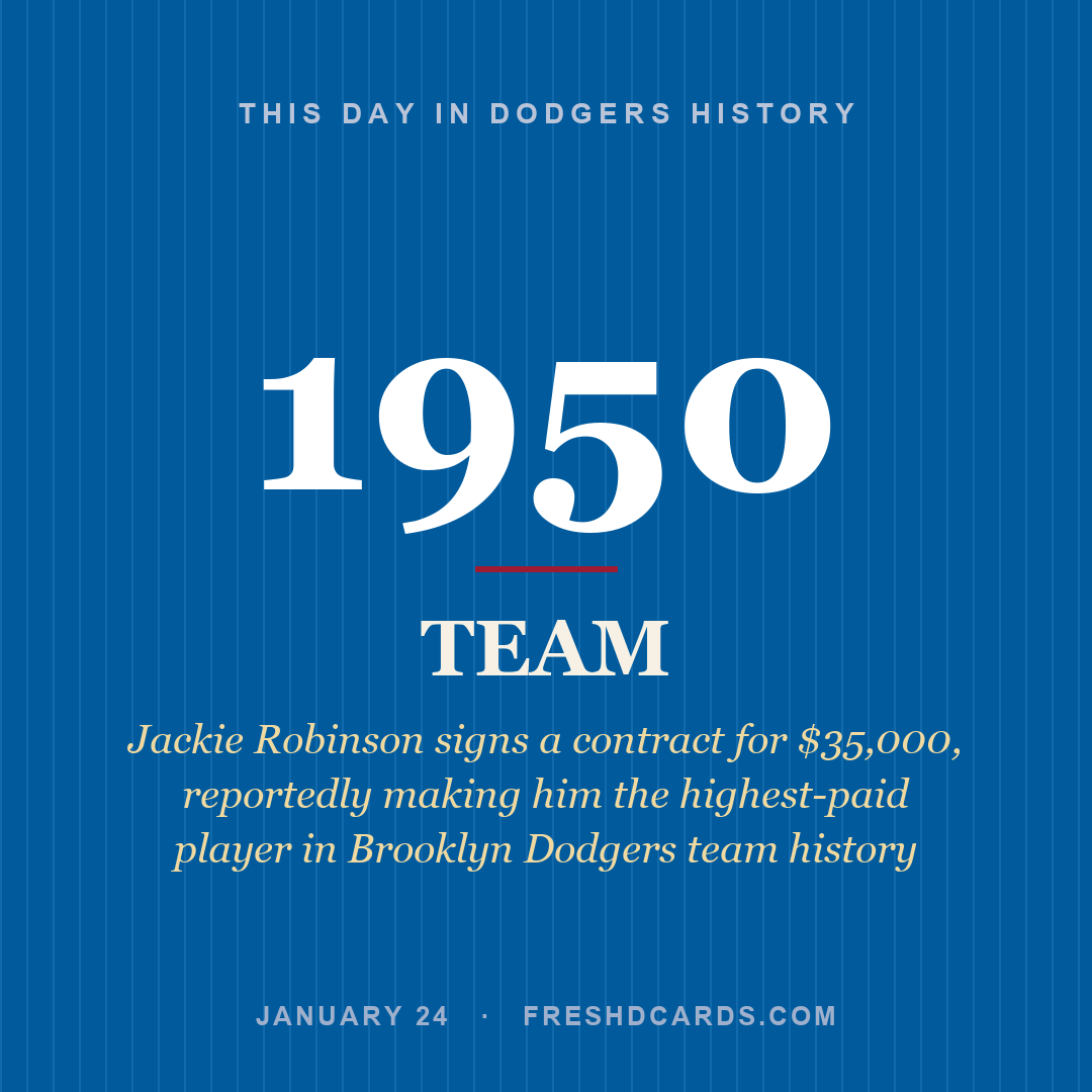 Dodgers: Dodgers, 1950, Jackie Robinson signs a contract for $35,000, reportedly making him the highest-paid player in Brooklyn Dodgers team history