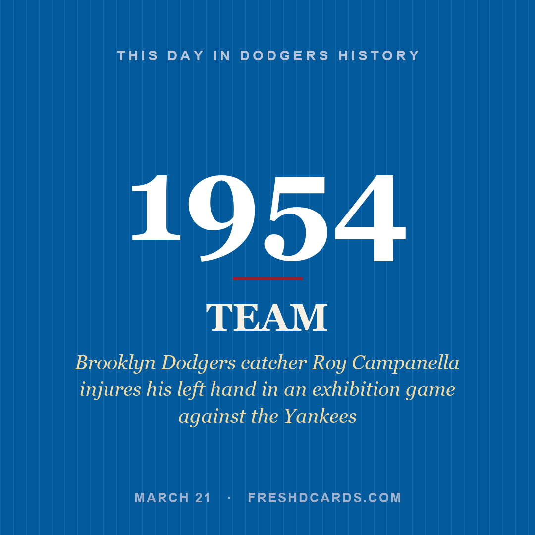 Dodgers: Dodgers, 1954, Brooklyn Dodgers catcher Roy Campanella injures his left hand in an exhibition game against the Yankees