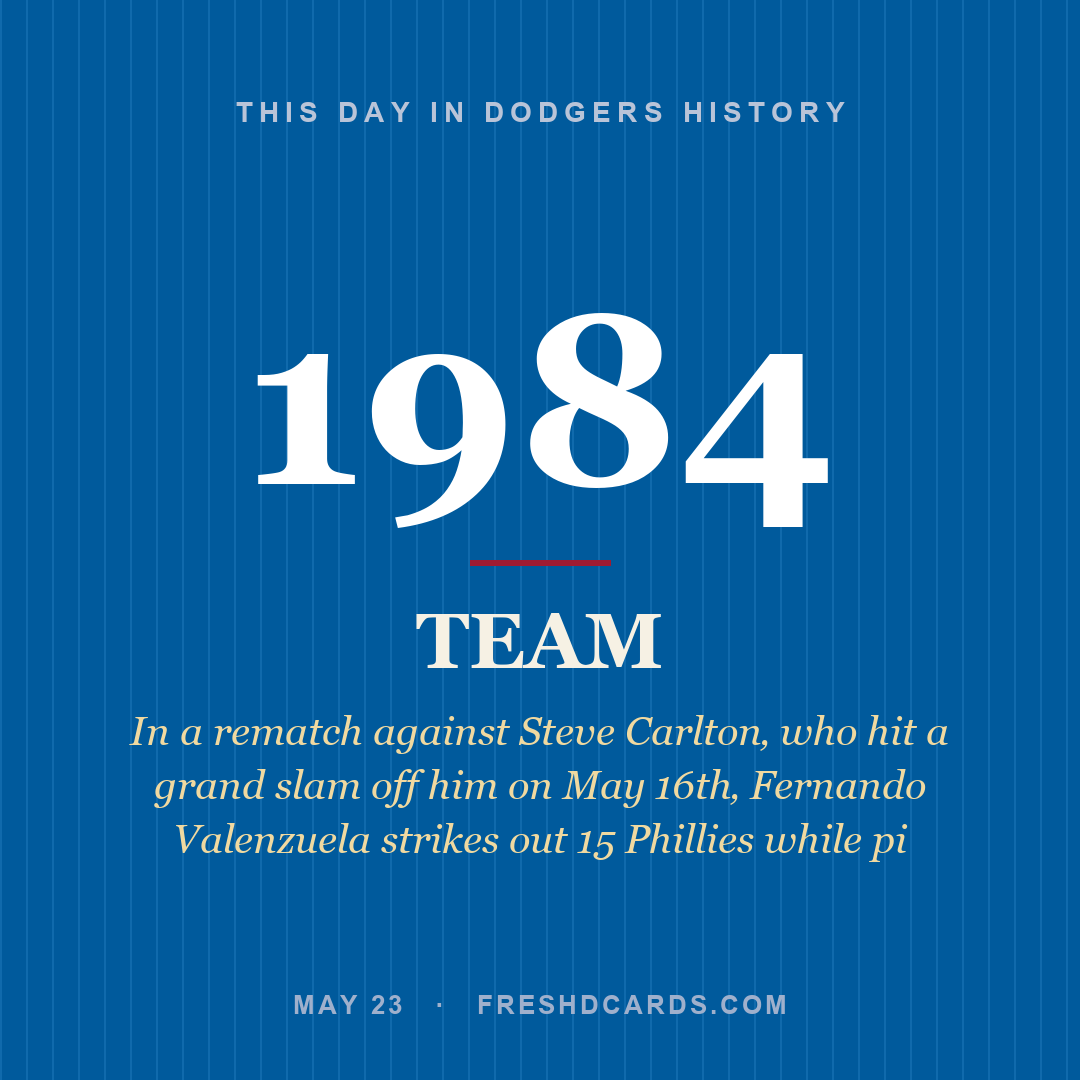 Dodgers: Dodgers, 1984, In a rematch against Steve Carlton‚ who hit a grand slam off him on May 16th‚ Fernando Valenzuela strikes out 15 Phillies while pi