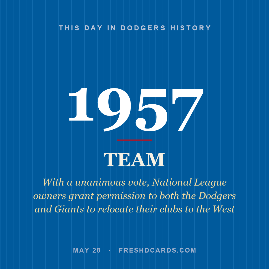 Dodgers: Dodgers, 1957, With a unanimous vote, National League owners grant permission to both the Dodgers and Giants to relocate their clubs to the West 
