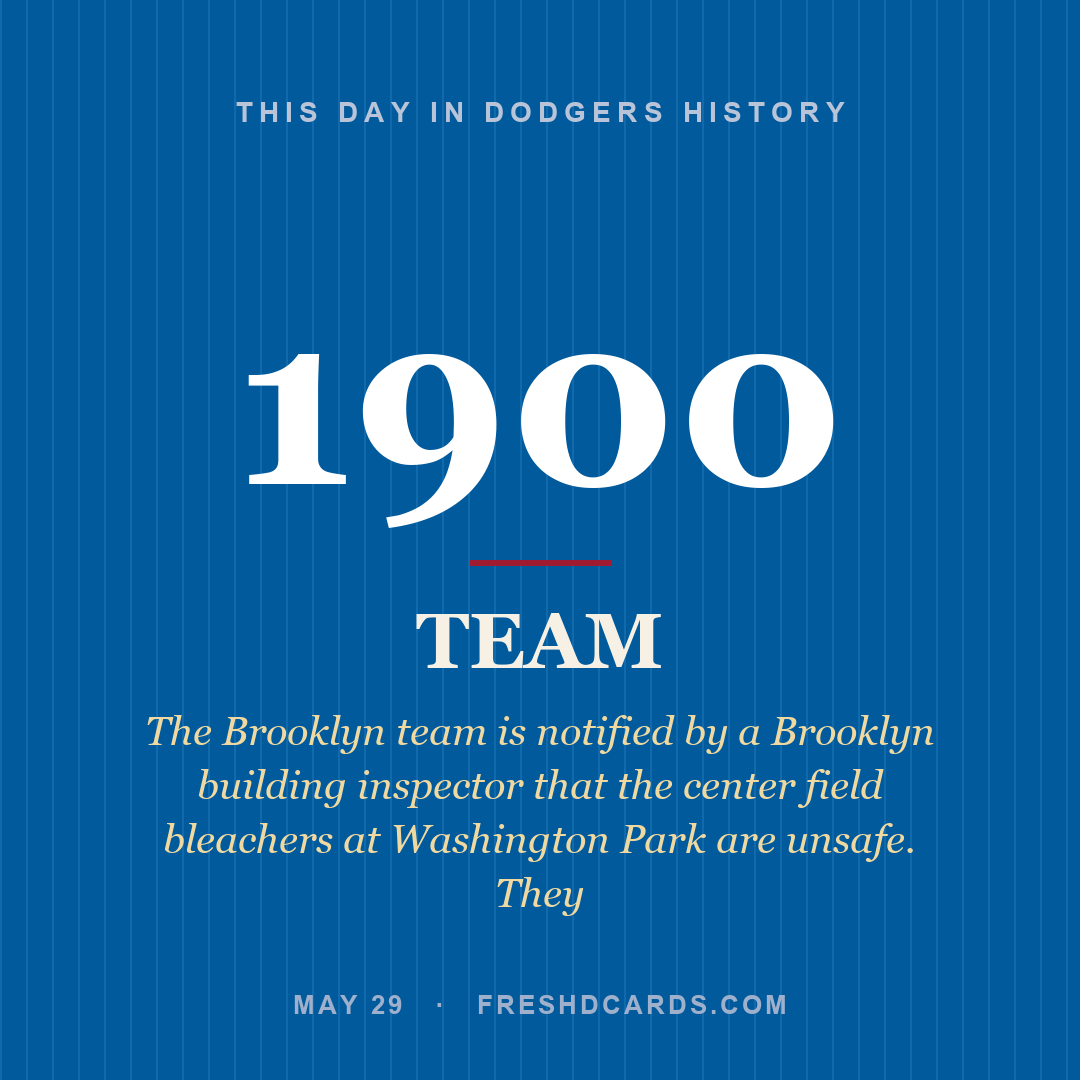 Dodgers: Dodgers, 1900, The Brooklyn team is notified by a Brooklyn building inspector that the center field bleachers at Washington Park are unsafe. They