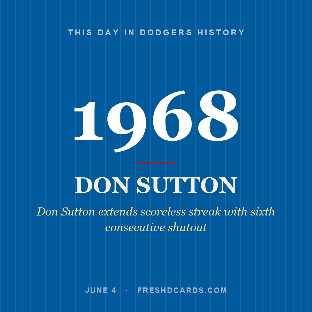 Dodgers: Don Sutton, 1968, Don Sutton extends scoreless streak with sixth consecutive shutout
