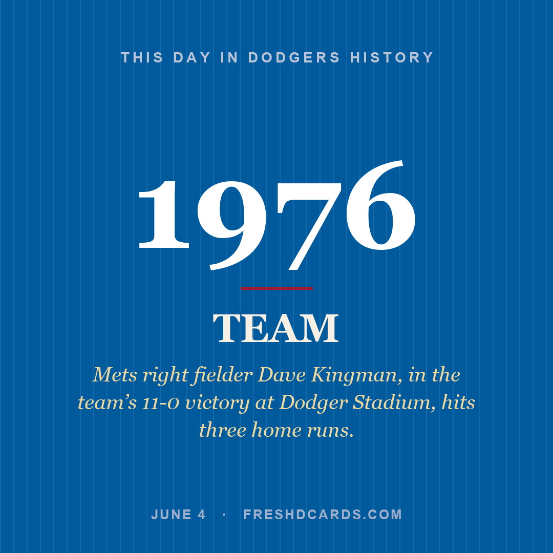 Dodgers: Dodgers, 1976, Mets right fielder Dave Kingman, in the team’s 11-0 victory at Dodger Stadium, hits three home runs.