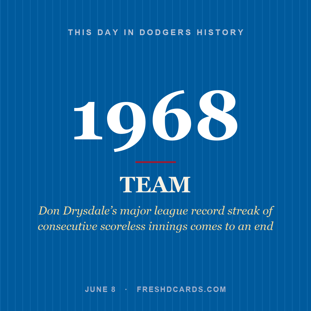 Dodgers: Dodgers, 1968, Don Drysdale’s major league record streak of consecutive scoreless innings comes to an end