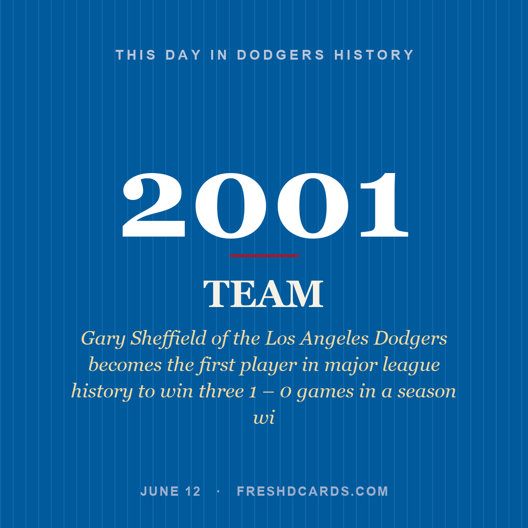 Dodgers: Dodgers, 2001, Gary Sheffield of the Los Angeles Dodgers becomes the first player in major league history to win three 1 – 0 games in a season wi